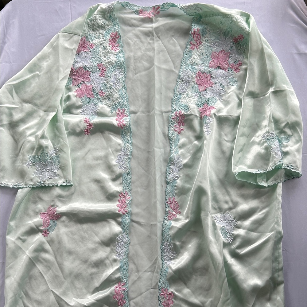 Elegant Mint Green Satin Appliqué Floral Glam Robe Cottagecore Grandmacore